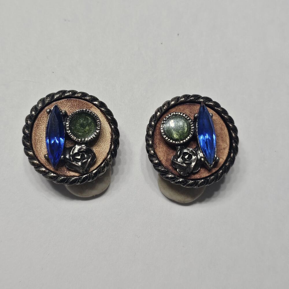 1960s Mid Century Blue Green Crystal Rose Clip-On Earrings – Boho Style